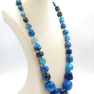 Collana in agata screziata nei toni del blu e azzurro, grandi chicchi separati da nodi - VINTAGE AMORE MIO