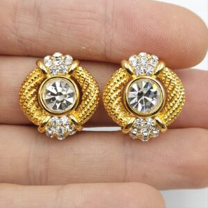 Demi parure firmata Carolina Herrera, ancora con le etichette e confezioni originali anni '80, collana e orecchini a clip, metallo color oro con cristalli diamante - VINTAGE AMORE MIO