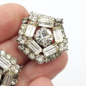 Orecchini a clip americani anni'50, metallo color argento con cristalli diamante taglio baguette e rotondo - VINTAGE AMORE MIO