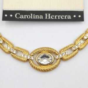 Demi parure firmata Carolina Herrera, ancora con le etichette e confezioni originali anni '80, collana e orecchini a clip, metallo color oro con cristalli diamante - VINTAGE AMORE MIO