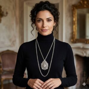 Collana Trifari risalente al 1960 circa, con doppia catena e grande pendente in lega Trifanium color argento - VINTAGE AMORE MIO