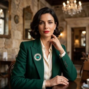 Spilla anni '50 firmata Sarah Coventry, metallo color argento con grandissimo cristallo smeraldo centrale cristalli diamante - VINTAGE AMORE MIO