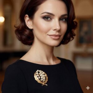 Spilla floreale Trifari, risalente al 1960 circa, realizzata in lega Trifanium color oro satinato con particolari lucidi e perle - VINTAGE AMORE MIO