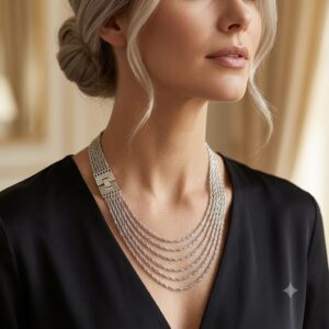 Collana firmata Trifari risalente alla seconda metà degli anni '50, realizzata in lega Trifanium color argento, con sei catene a torchon di lunghezza gradata e chiusura di ispirazione decò - VINTAGE AMORE MIO
