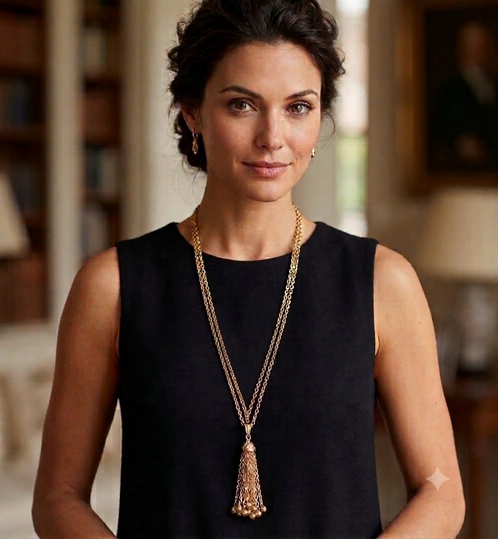 Collana Trifari della seconda metà degli anni '50, con doppia catena e pendente in lega Trifanium color oro satinato con grande nappa - VINTAGE AMORE MIO Collana Trifari della seconda metà degli anni '50, con doppia catena e pendente in lega Trifanium color oro satinato con grande nappa - VINTAGE AMORE MIO