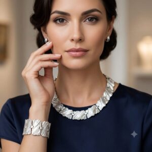 Parure Trifari fine anni '50, composta da collana e bracciale, in lega Trifanium color argento con lavorazione a corteccia di albero - VINTAGE AMORE MIO